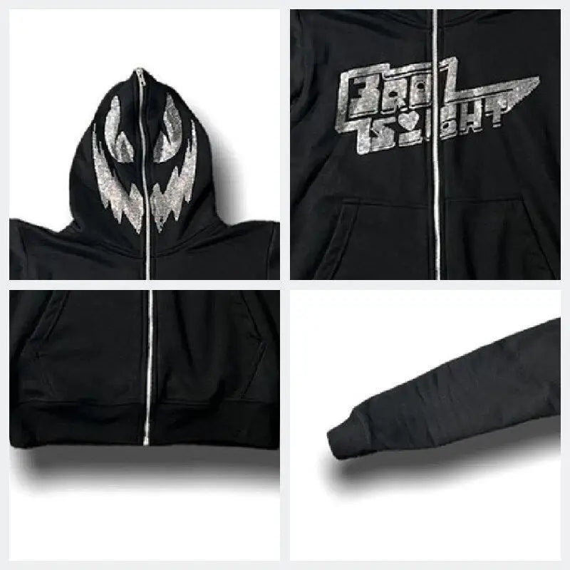 Y2K Strass Hoodie with Zipper - Venom Inspired Grunge Aesthetic Fashion Top