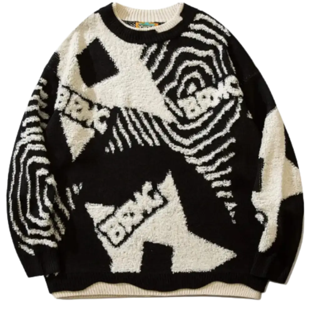 Y2K Striped Star Heavy 400gsm Black Sweater - Cozy Grunge Aesthetic Top