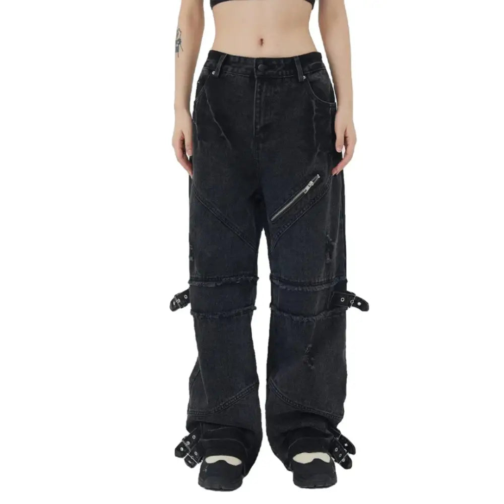 Y2K Style Black Distressed Baggy Jeans for a Trendy Grunge Aesthetic Look