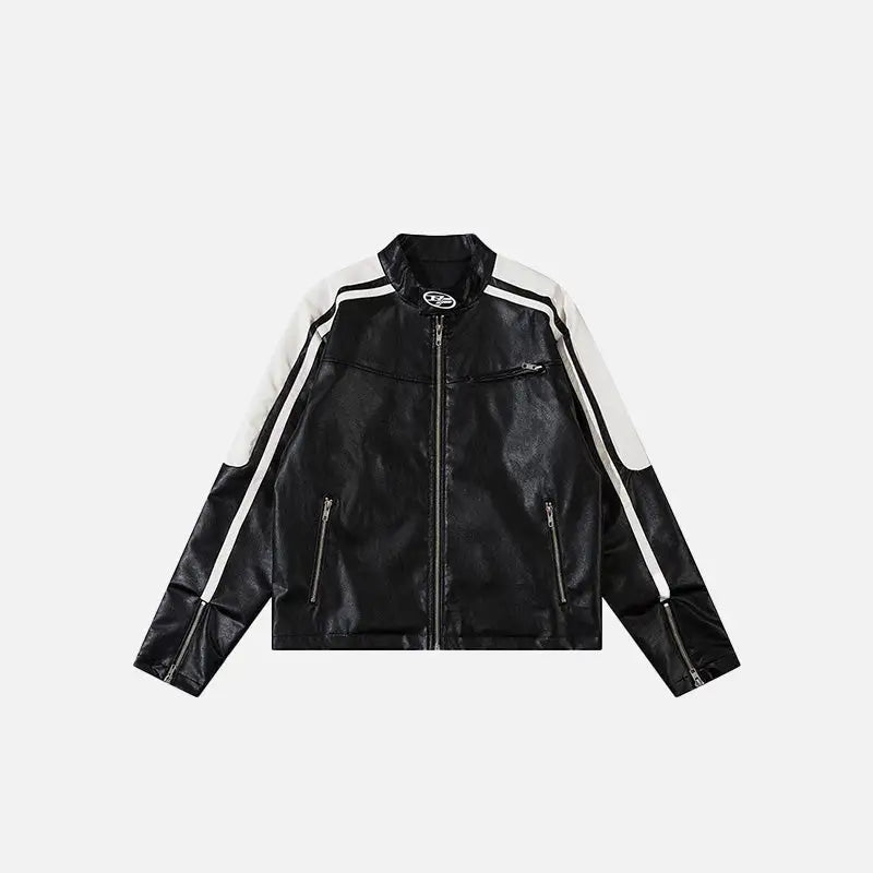 Y2K Women's Leather Crop Racing Jacket - Edgy Grunge Style for Aesthetic Outfits