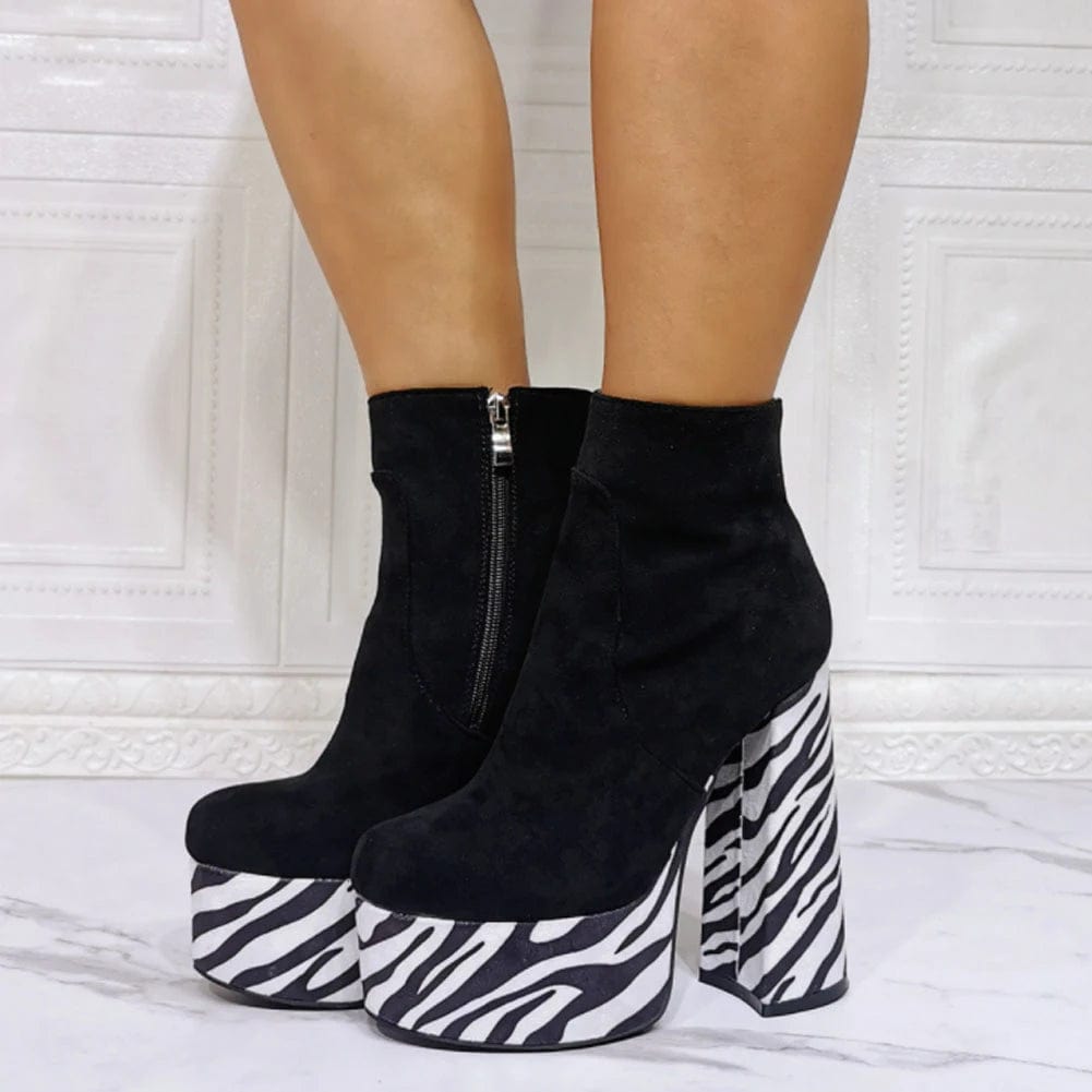 Y2K Zebra Platform Boots for Bold Aesthetic Outfits and Grunge Style Looks